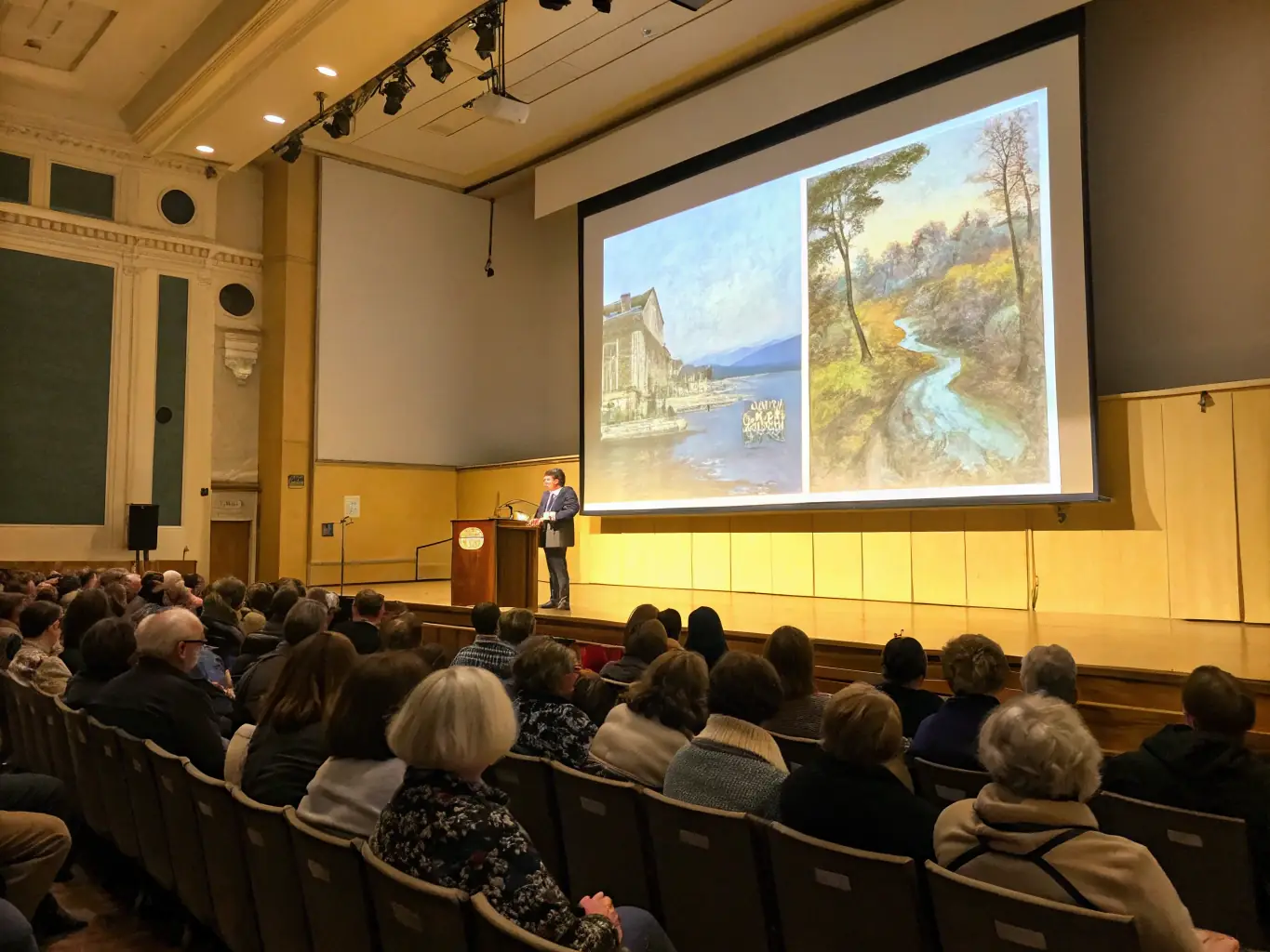A photograph of a guest lecturer giving a presentation on art history to an attentive audience in a gallery setting.