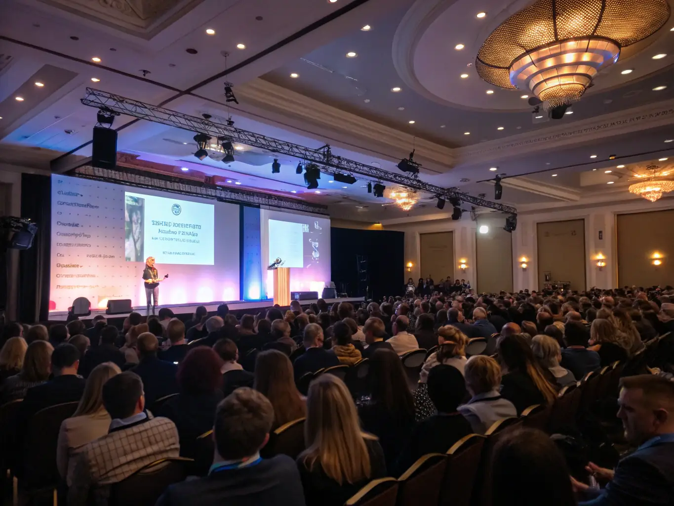 A conference hall with a speaker presenting on art conservation techniques.