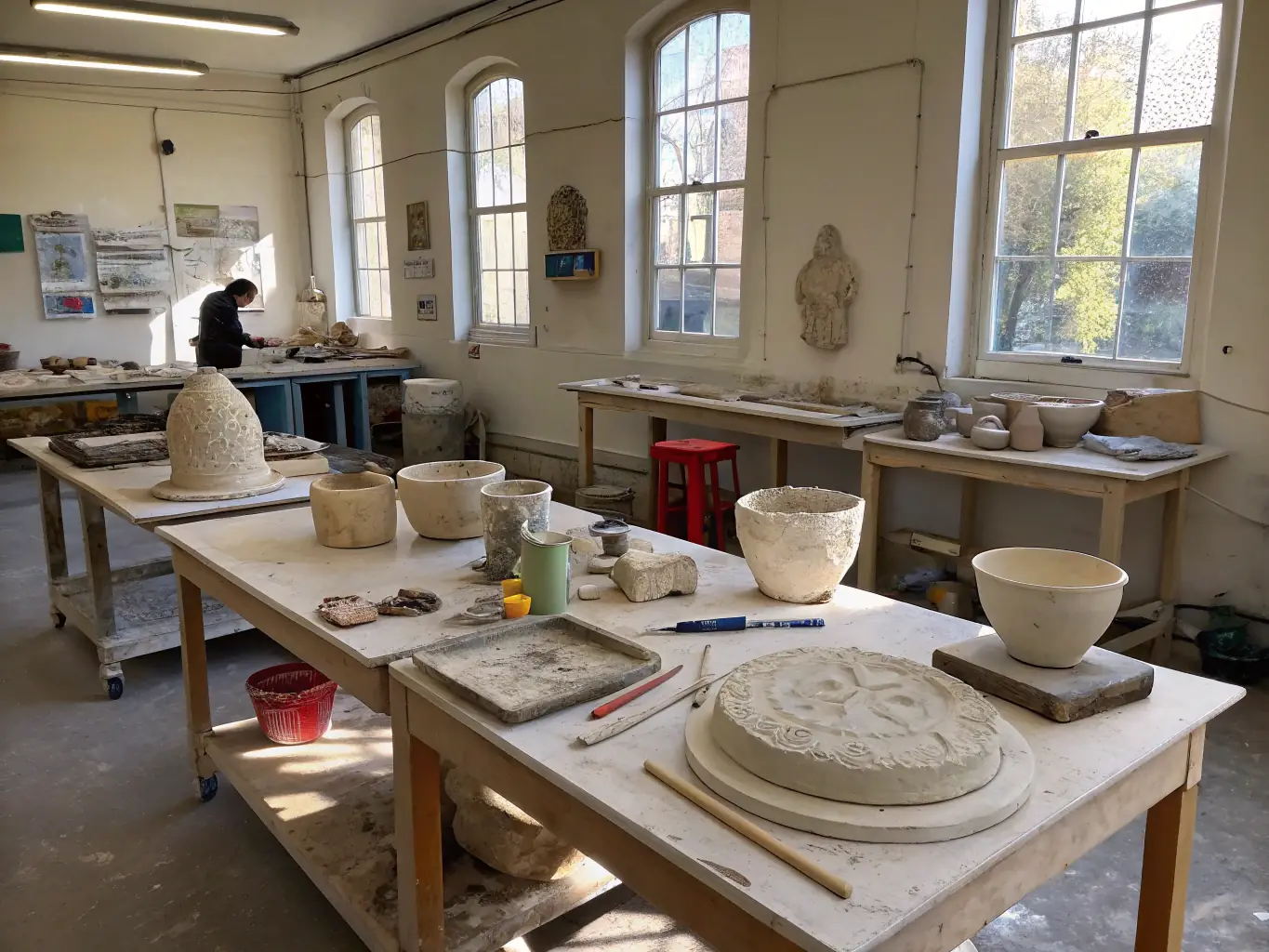 A group of people participating in a pottery workshop, with clay and tools spread across tables in a bright studio setting.