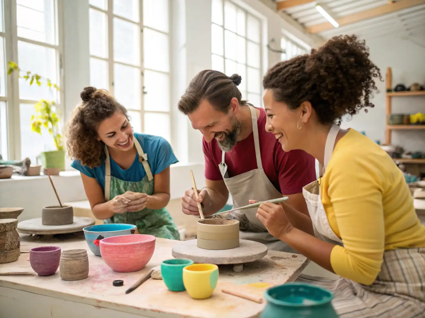 A group of people participating in a pottery workshop, with clay and tools visible.