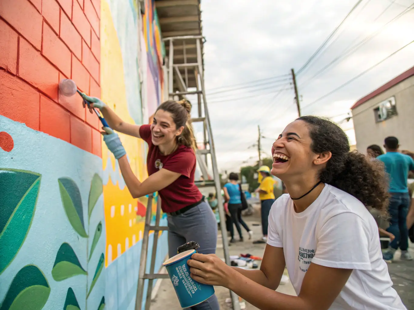 A photograph capturing volunteers working on a community art project, such as painting a mural or creating public art installations.