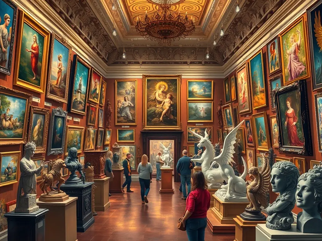 A photograph of an art exhibition featuring various paintings and sculptures.