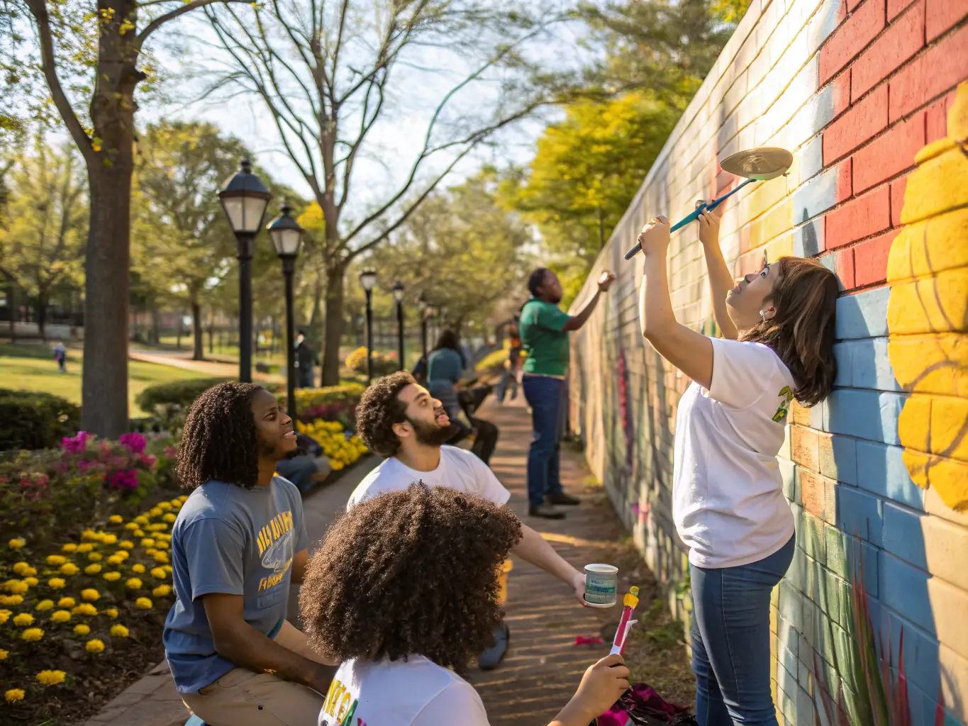 Volunteers working together on a community mural project, painting vibrant colors on a large wall in an outdoor setting.