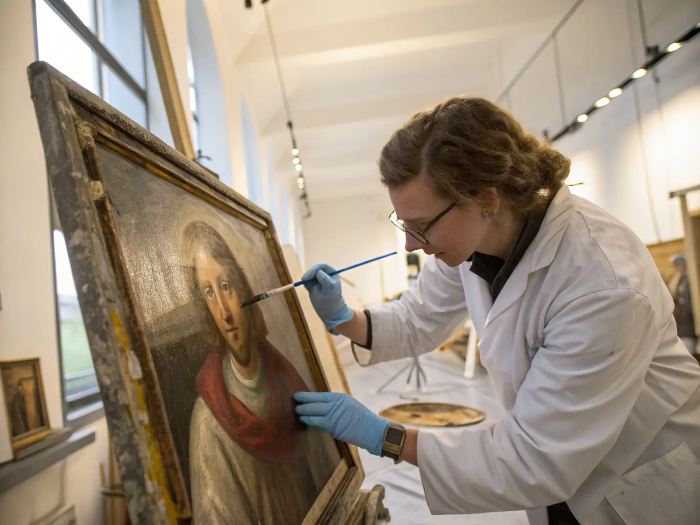A photograph depicting a conservator meticulously restoring a damaged painting in a well-lit studio, showcasing the delicate work involved in art conservation.